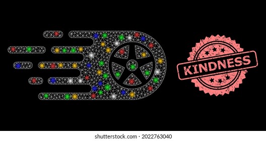 Glare mesh network bolide wheel with glowing spots, and Kindness unclean rosette stamp seal. Illuminated vector constellation created from bolide wheel icon.