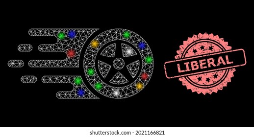 Rueda de coche de red de malla de vidrio con manchas brillantes y sello de rosette de textura liberal. Modelo vectorial iluminado creado a partir del icono de la rueda del coche. El sello rosado contiene la leyenda liberal dentro de la rosette.