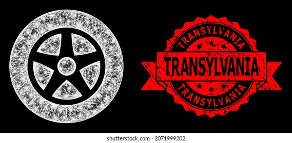 Volante de red de malla de vidrio con focos de luz y precinto de cinta sucia de Transilvania. El sello rojo tiene el título de Transilvania dentro de la cinta.