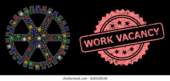 Glare mesh network clock gearwheel with glowing spots, and Work Vacancy scratched rosette stamp seal. Illuminated vector mesh created from clock gearwheel symbol.