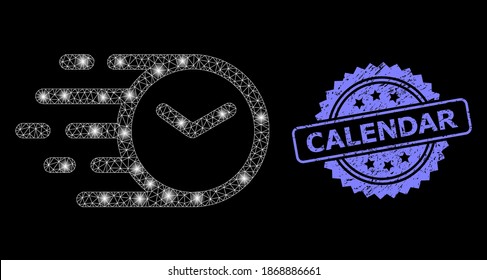 Glare mesh network clock with light spots, and Calendar rubber rosette stamp seal. Illuminated vector model created from clock icon. Blue stamp seal has Calendar tag inside rosette.