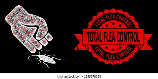 Glare mesh network cockroach punch with lightspots, and Total Flea Control corroded ribbon seal. Red stamp seal has Total Flea Control title inside ribbon.