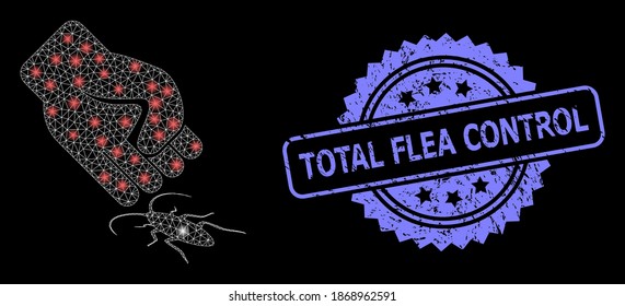 Glare mesh network cockroach punch with light spots, and Total Flea Control unclean rosette stamp seal. Illuminated vector model created from cockroach punch icon.