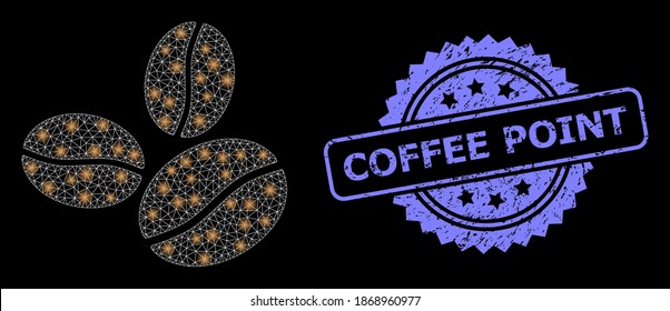 Glare mesh network coffee beans with light spots, and Coffee Point scratched rosette seal print. Illuminated vector constellation created from coffee beans icon.