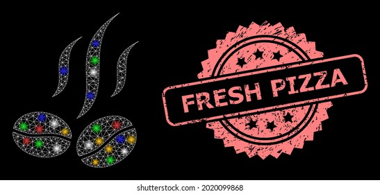 Glare mesh network coffee beans smell with lightspots, and Fresh Pizza textured rosette stamp seal. Illuminated vector mesh created from coffee beans smell icon.