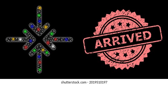 Glare mesh network collapse arrows with light spots, and Arrived grunge rosette stamp seal. Illuminated vector mesh created from collapse arrows symbol.
