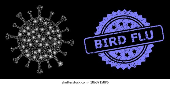 Glare mesh network Covid-19 virus with glowing spots, and Bird Flu unclean rosette stamp seal. Illuminated vector constellation created from Covid-19 virus icon.