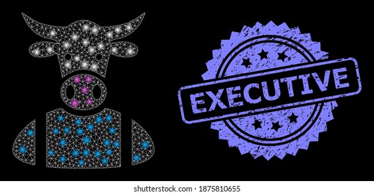 Glare mesh network cow boy with light spots, and Executive rubber rosette seal print. Illuminated vector constellation created from cow boy icon. Blue seal has Executive caption inside rosette. svg