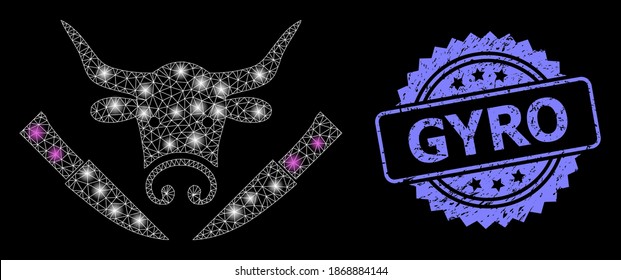 Glare mesh network cow butchery with light spots, and Gyro grunge rosette seal. Illuminated vector model created from cow butchery icon. Blue stamp seal has Gyro tag inside rosette.