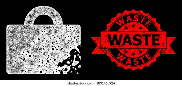 Glare mesh network damaged luggage with lightspots, and Waste textured ribbon stamp seal. Red stamp seal has Waste title inside ribbon.