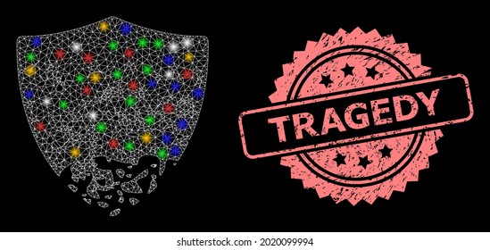 Glare mesh network damaged shield with light spots, and Tragedy textured rosette stamp seal. Illuminated vector mesh created from damaged shield pictogram.