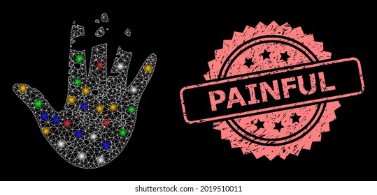 Glassmaschen Netzwerk zerstört Hand mit hellen Punkten, und schmerzhaftes Gummi Rosette Stempel-Siegel. Illuminierte Vektorgitter, die aus einem zerstörten Handsymbol erstellt wurden. Die rosafarbene Robbe enthält ein schmerzhaftes Etikett in der Rosette.