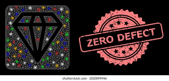 Glare mesh network diamond with flash nodes, and Zero Defect corroded rosette seal print. Illuminated vector mesh created from diamond pictogram.