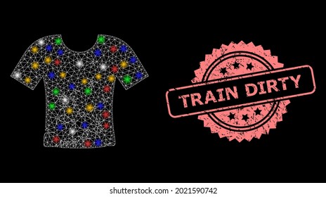 Camiseta sucia de red de malla de vidrio con manchas brillantes y sello de sello de rosetón sucio de tren. Malla vectorial iluminada creada a partir del símbolo sucio de la camiseta.