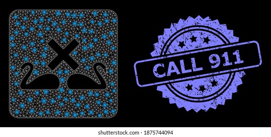 Glare mesh network divorce swans with lightspots, and Call 911 rubber rosette seal imitation. Illuminated vector constellation created from divorce swans icon.