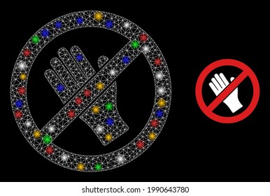 Glare mesh network do not touch with multicolored light dots. Constellation vector frame created from do not touch symbol. Sparkle constellation mesh do not touch, on a black backgound.