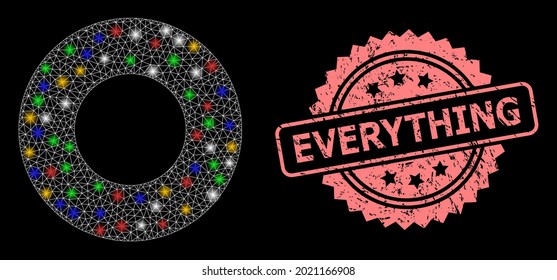 Glare mesh network donut with light dots, and Everything grunge rosette stamp seal. Illuminated vector mesh created from donut icon. Pink stamp seal contains Everything text inside rosette.
