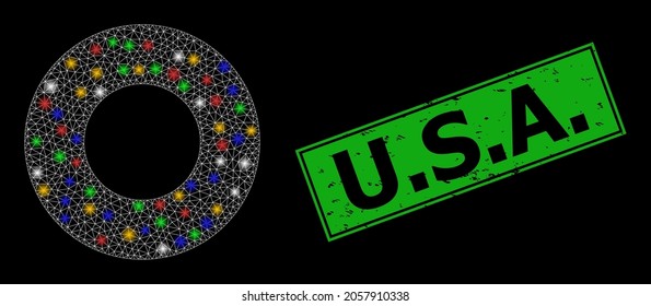 Red de malla brillante con puntos brillantes y grunge EE.UU. sello de sellado. El sello verde contiene los EE.UU. dentro del rectángulo enmarcado. Marco vectorial iluminado creado a partir del icono de donut.