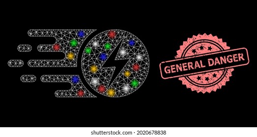 Glare mesh network electric charge with flash nodes, and General Danger grunge rosette watermark. Illuminated vector mesh created from electric charge icon.