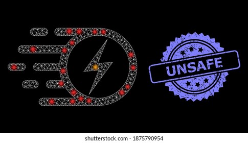 Glare mesh network electric spark with light spots, and Unsafe unclean rosette stamp seal. Illuminated vector model created from electric spark icon.