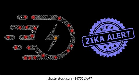 Glare mesh network electric strike with lightspots, and Zika Alert unclean rosette seal print. Illuminated vector model created from electric strike icon.