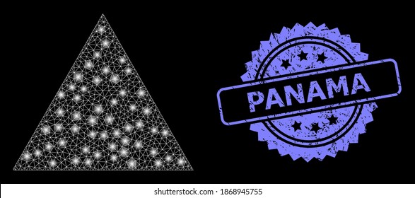 Glare mesh network filled triangle with glowing spots, and Panama corroded rosette stamp seal. Illuminated vector model created from filled triangle icon.