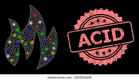 Glare mesh network fire with flash nodes, and Acid unclean rosette stamp seal. Illuminated vector constellation created from fire icon. Pink stamp seal contains Acid caption inside rosette.
