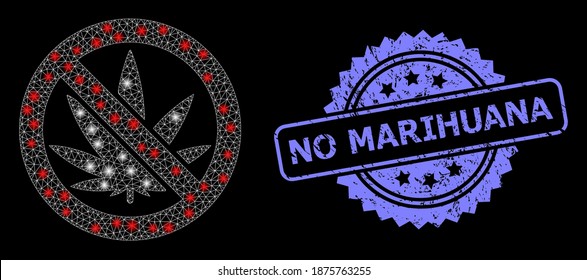 La red de malla de vidrio prohíbe el cannabis con focos de luz y el sello de rosetón sin marihuana. Modelo vectorial iluminado creado a partir de un icono prohibido de cannabis.
