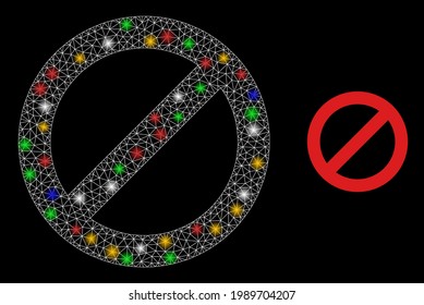 Glare mesh network forbidden with colorful bright dots. Constellation vector framework created from forbidden icon. Sparkle constellation mesh forbidden, on a black backgound.