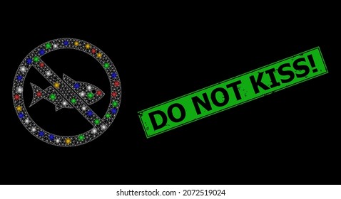 Glare mesh network forbidden fish with multi colored flash nodes, and grunge Do Not Kiss seal stamp. Green stamp has Do Not Kiss tag inside framed rectangle.