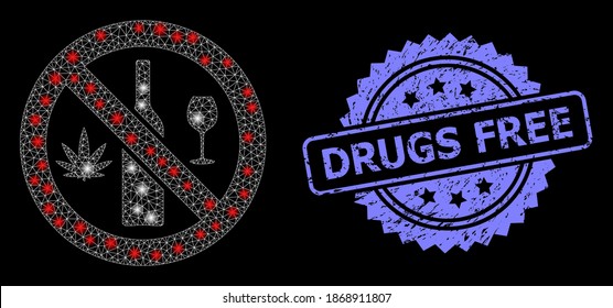 Glare mesh network forbidden wine drugs with lightspots, and Drugs Free unclean rosette stamp. Illuminated vector model created from forbidden wine drugs icon.