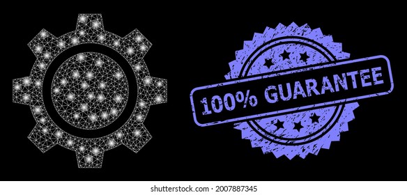 Glare mesh network gear wheel with light spots, and 100 percent Guarantee corroded rosette stamp seal. Illuminated vector model created from gear wheel icon. Blue seal has 100 percent Guarantee tag