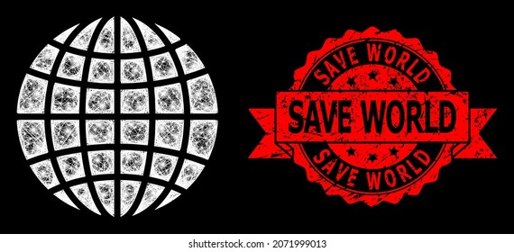 Glare mesh network globe with lightspots, and Save World dirty ribbon seal print. Red stamp seal has Save World tag inside ribbon. Illuminated vector model created from globe icon with white mesh.