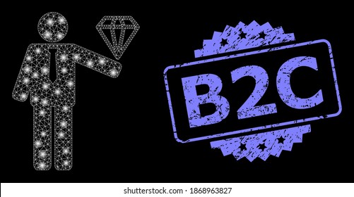 Glare mesh network groom diamond with light spots, and B2C textured rosette seal. Illuminated vector constellation created from groom diamond icon. Blue seal includes B2C caption inside rosette.
