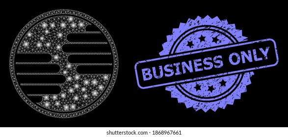 Glare mesh network hands circle with glowing spots, and Business Only textured rosette seal print. Illuminated vector model created from hands circle icon.