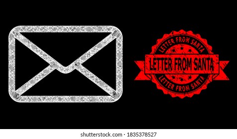 Glare mesh network letter with glowing spots, and Letter from Santa rubber ribbon stamp seal. Red stamp seal has Letter from Santa text inside ribbon.