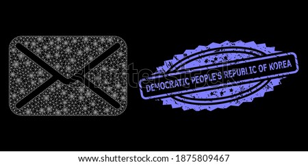 Glare mesh network letter with light spots, and Democratic People'S Republic of Korea textured rosette seal. Illuminated vector model created from letter icon.
