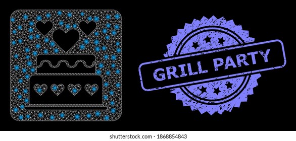 Glare mesh network marriage cake with glowing spots, and Grill Party dirty rosette stamp. Illuminated vector constellation created from marriage cake icon.