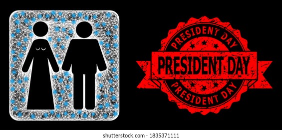 Glare mesh network married groom and bribe with glowing spots, and President Day scratched ribbon stamp seal. Red stamp seal contains President Day text inside ribbon.