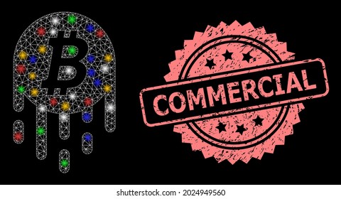 Glare mesh network melting bitcoin with bright dots, and Commercial scratched rosette stamp. Illuminated vector mesh created from melting bitcoin symbol.