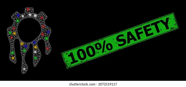 Glare mesh network melting gear with multi colored light dots, and grunge 100 discount Safety seal stamp. Green stamp seal contains 100 discount Safety text inside framed rectangle.