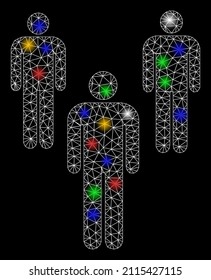 Glare mesh network men icon with colored glowing spots. Illuminated vector mesh created from men pictogram. Sparkle carcass mesh polygonal men. Linear carcass 2D network in vector format, lines,