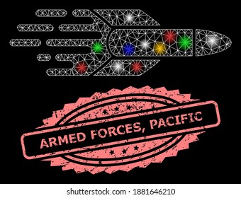 Glare mesh network missile with lightspots, and Armed Forces, Pacific dirty rosette stamp seal. Illuminated vector model created from missile icon. Pink stamp includes Armed Forces,