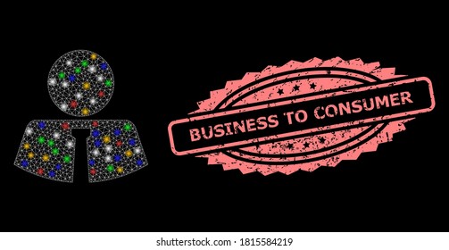 Glare mesh network mister with light dots, and Business to Consumer unclean rosette seal. Illuminated vector mesh created from mister pictogram.