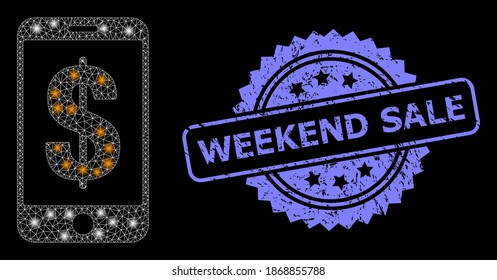 Red de malla Glare banco de dólar móvil con manchas brillantes, y sello de rosette grunge de venta de fin de semana. Modelo vectorial iluminado creado a partir de un icono de banco de dólar móvil.