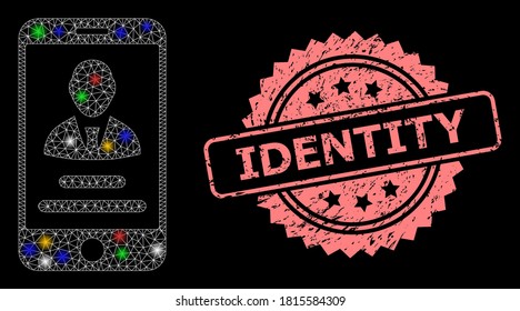 Glare mesh network mobile user info with flash nodes, and Identity unclean rosette seal print. Illuminated vector mesh created from mobile user info pictogram.