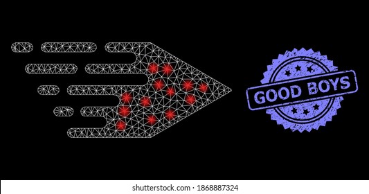 Glare Maschennetzwerk Bewegung rechts mit Leuchtpunkten und Good Boys Grunge Rosette Robbenimitation. Illuminierte Vektorkonstellation, die aus dem Symbol der Bewegung rechts entstanden ist.