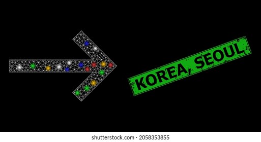 Red de malla de vidrio junto a la flecha con manchas de luz coloridas, y Corea gruesa, sello de Seúl. El sello verde contiene Corea, texto Seúl dentro del rectángulo enmarcado.