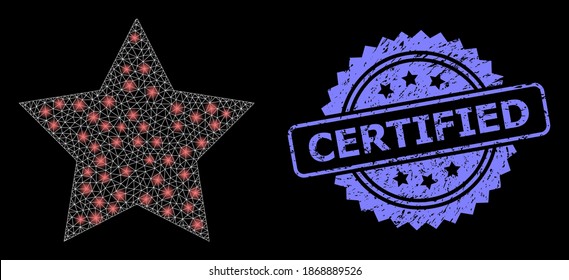 Glare mesh network red star with glowing spots, and Certified rubber rosette stamp seal. Illuminated vector constellation created from red star icon. Blue stamp contains Certified tag inside rosette.