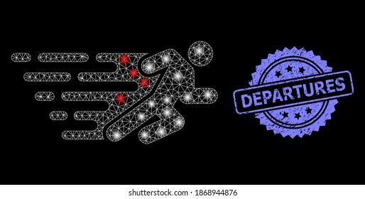 Glare mesh network running man with lightspots, and Departures rubber rosette seal print. Illuminated vector model created from running man icon.
